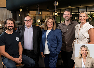 Image of Brand SA's board members: Chair, Jane Jeffreys, experienced company director and Managing Director of her own national consulting firm. With board members:
Franklin dos Santos, CEO of Foodland Supermarkets Australia;
Callum Hann, acclaimed Chef, owner of city restaurant, Eleven and Director of Sprout and Dietary Hawk;
Rebecca Morse, award-winning journalist, news and SAFM radio presenter; and
George Georgiadis, Co-Founder and Managing Director of Never Never Distilling Co.
Inset: Jade Torres, Director of Pwerle Gallery and proud Alyawarre woman and artist.