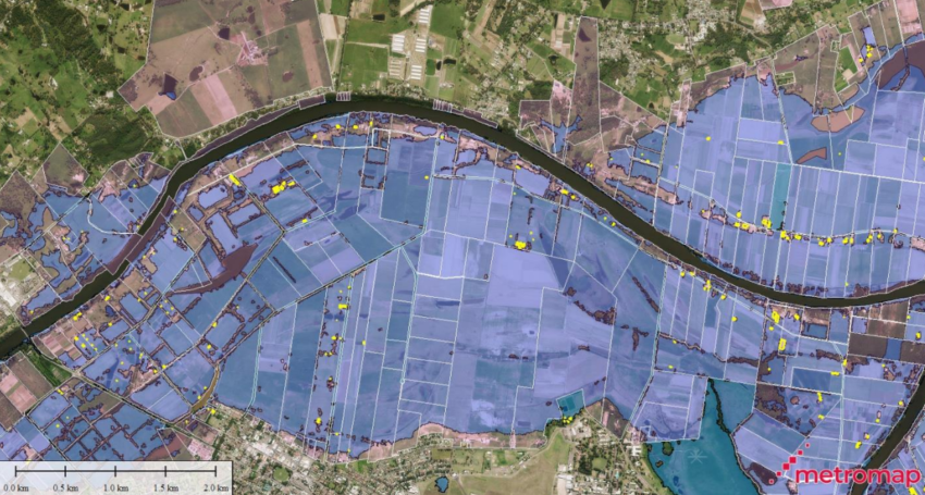 MetroMap imagery showing the extent of the NSW floods and potential buildings affected. Photo: MetroMap