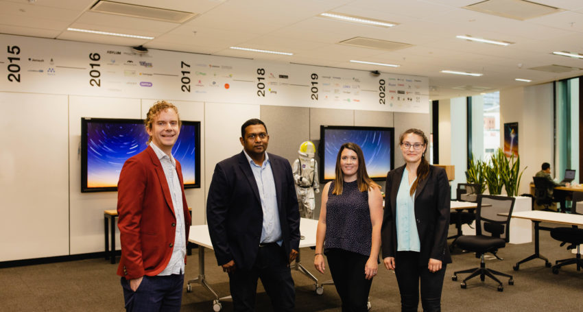 Venture Catalyst Space 2021 Cohort participants, (From L to R) Dr Giles Kirby, (Firefly Biotech), Lloyd Jacob (Hex20), Tessa-Ewens (Locus Rose), Guler Kocak (SPACELIS). Photo: Innovation and Collaboration Centre.